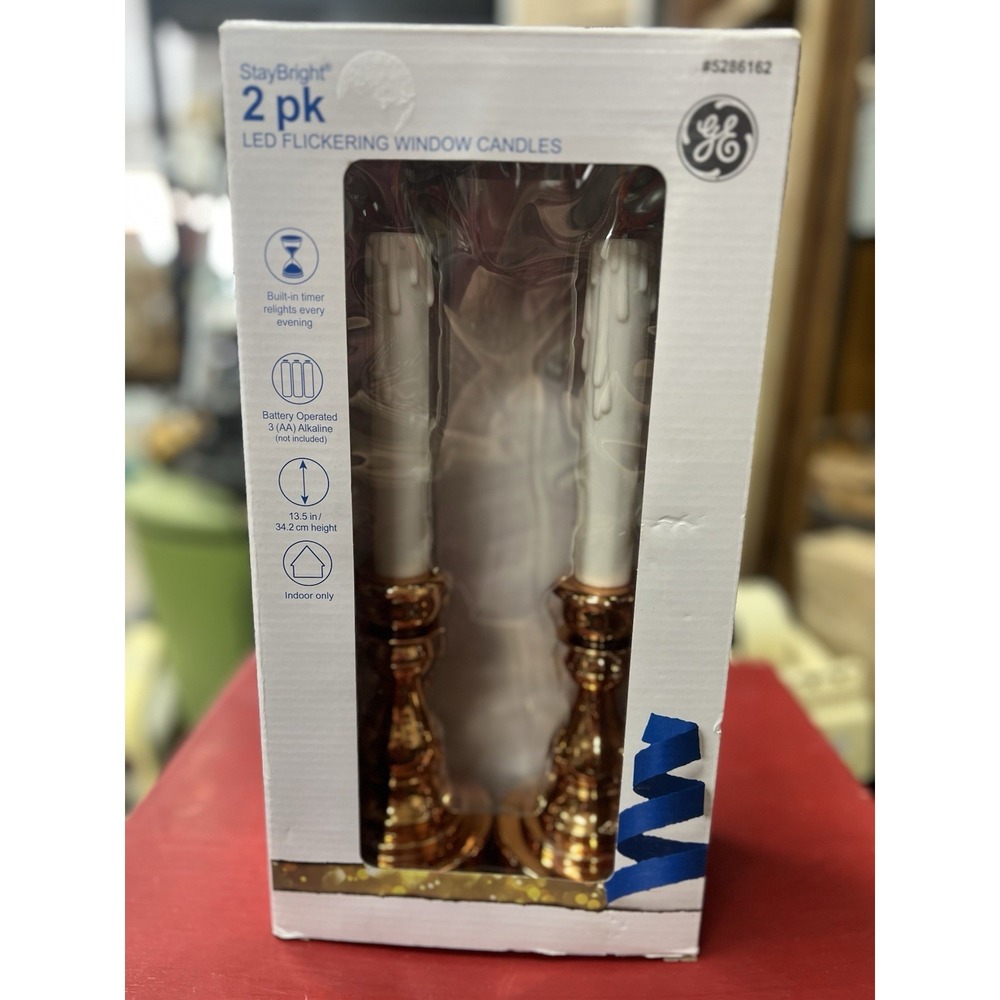 GE Stay Bright 2pk LED Flickering Window Flameless Candle W/Timer Battery NEW